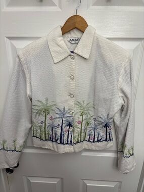 Anage White Cropped Coastal Grandma Quiet Luxury Embroidered Palm Jacket, S